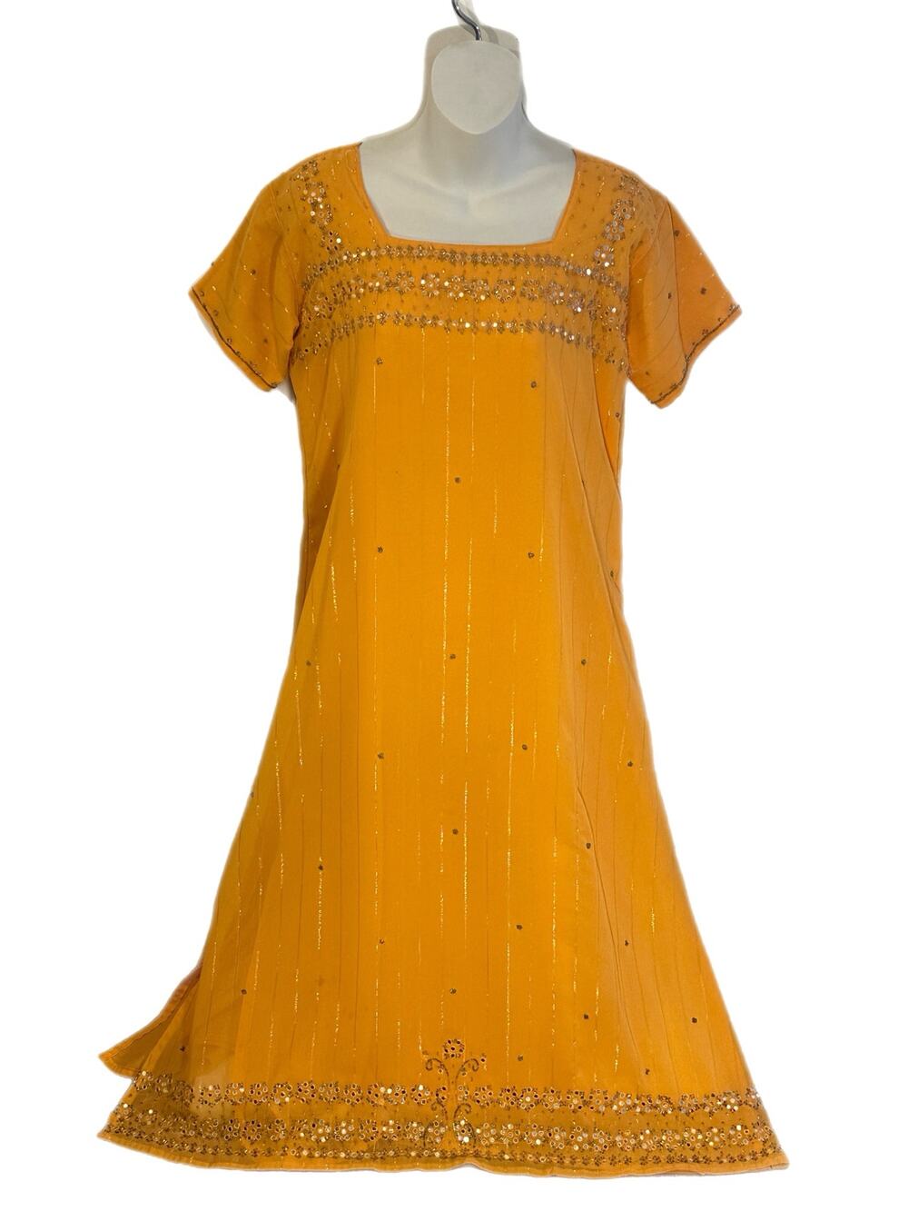 Vintage Marigold Yellow Shisha Mirror Embroidered Kurti Tunic Maxi Dress Large